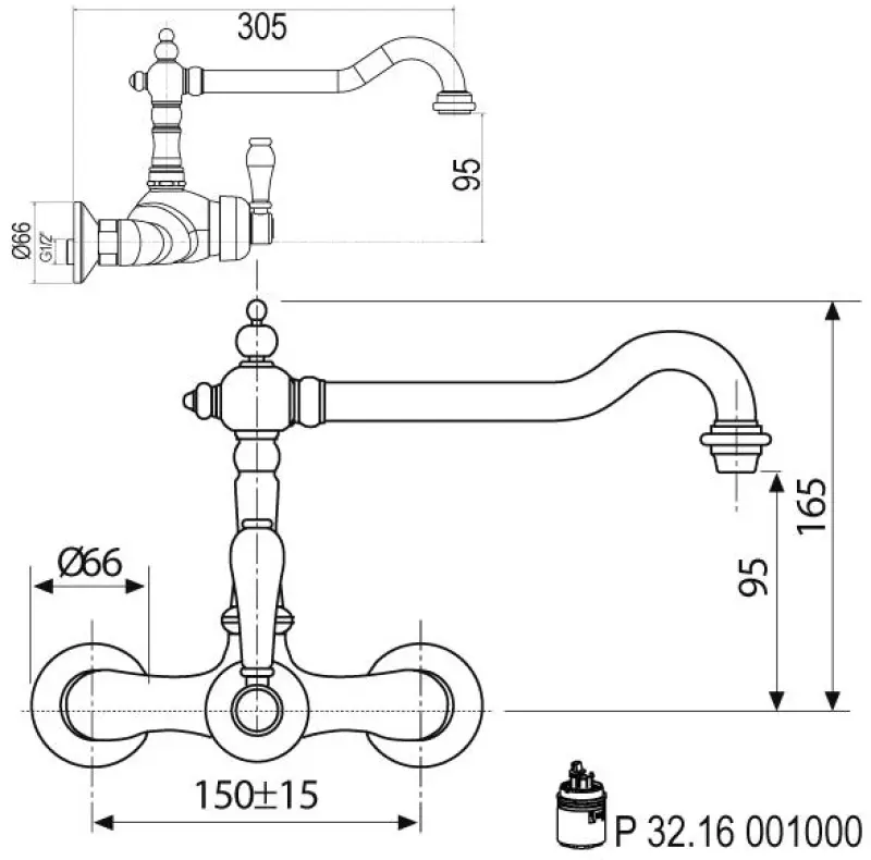 Nostalgische keukenkraan Hermitage R muurkraan Chroom 10.9021