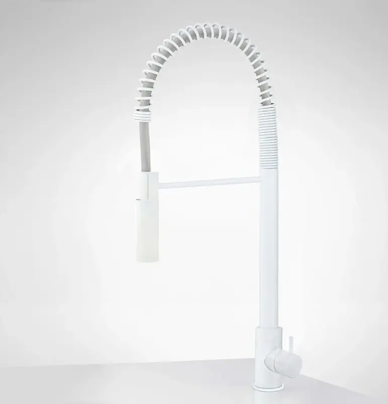 Waterevolution Flow semi-professionele keukenmengkraan mat wit met kolom en veer T157BR