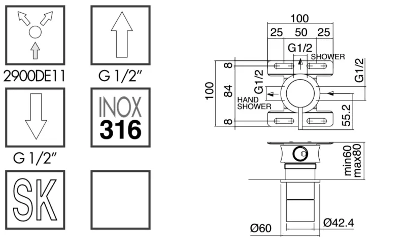 Zazzeri Z316 2-weg inbouw omsteller voor douche RVS 1208857212