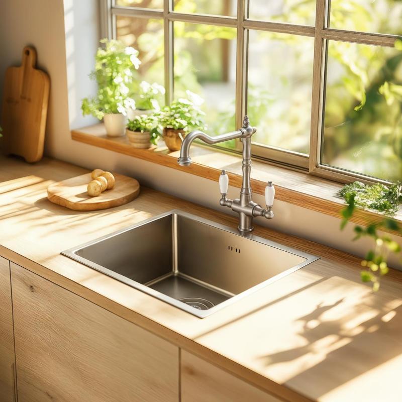 PB Nostalgische klassieke landelijke keukenkraan rvs met witte hendels 1208953915