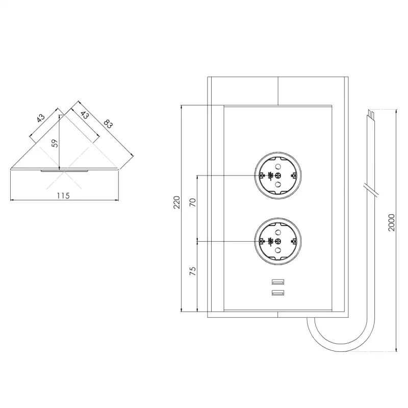 Indux Energiezuil 2ST22 met 2 stopcontacten en 2 usb aansluitingen Koper