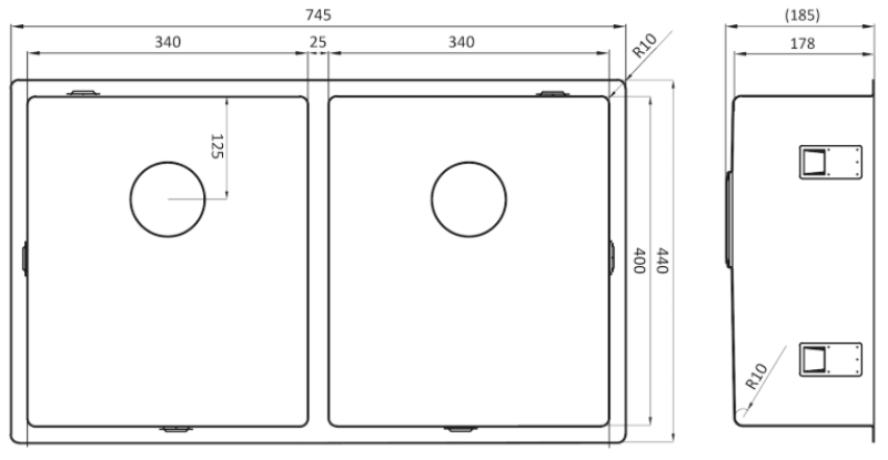OUTLET Flens gebogen! Lorreine Superplug  rvs dubbele spoelbak 3434 cm onderbouw  1208955942