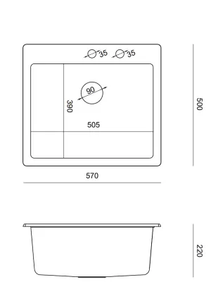 Quadri Sheffield zwarte granieten vlakinbouw spoelbak 57x50cm met kraangatbank en zwarte plug 1208956076