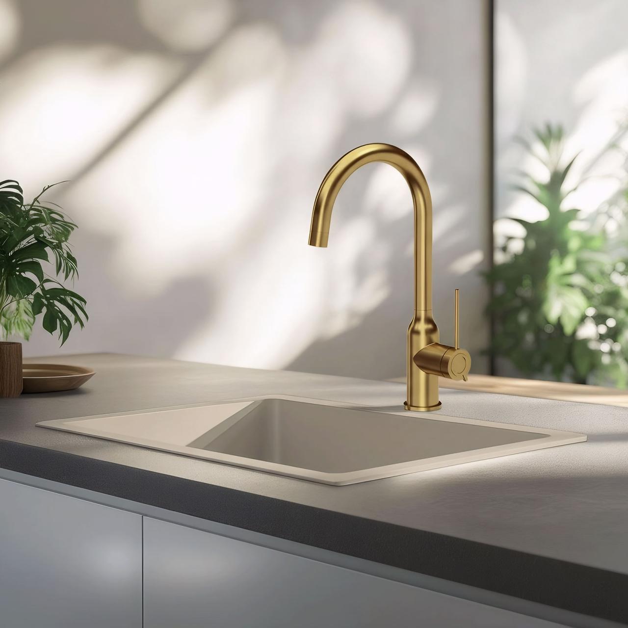 Quadri Stamford keukenmengkraan goud met draaibare ronde uitloop 1208956114 - Productafbeelding 2