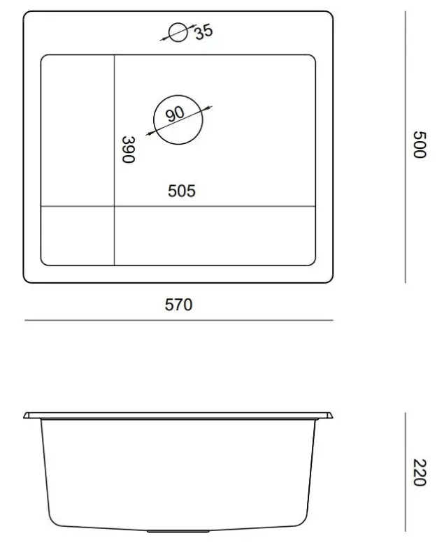 Quadri Sheffield zwarte granieten vlakinbouw spoelbak 57x50cm met kraangatbank en koperen plug 1208956115