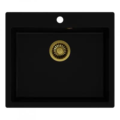 Quadri Sheffield zwarte granieten vlakinbouw spoelbak 57x50cm met kraangatbank en gouden plug 1208956116