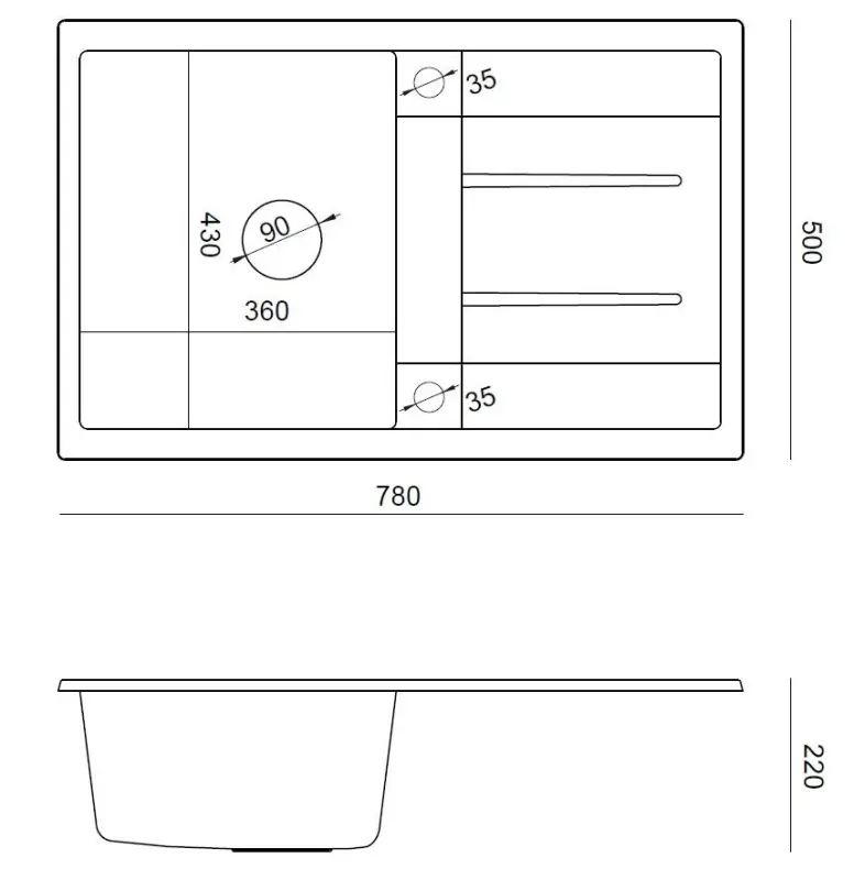 Quadri Sheffield Zwarte Granieten Opbouw Spoelbak 78x50cm met Afdruipgedeelte en Zwarte Plug - 1208956302