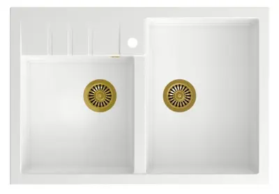 Quadri Minister Dubbele Gootsteen spoelbak wit landelijk model  90x62cm met gouden plug en overloop 1208956328