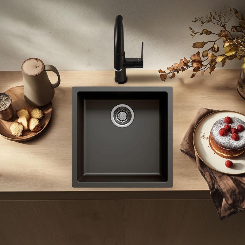 Zwarte spoelbak 40x40cm onderbouw opbouw en vlakbouw met rvs plug 1208956390