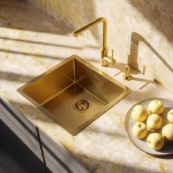 Combinatie set Spoelbak met keukenkraan en zeepdispenser geborsteld goud