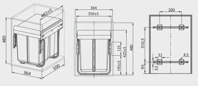 Garbi Sorter S-40-3 inbouw afvalsysteem met 3 afvalbakken 1 x 20 en 2 x 10 liter 1208957365