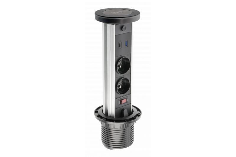 Indux Lift verzinkbare penaarde zwart keuken stopcontact in werkblad met verlichting, 2 x USB en draadloos opladen 1208957402
