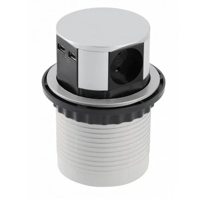 Indux Push verzinkbare randaarde zilveren stopcontact in werkblad met 3 stopcontacten en 2 x USB 1208957411