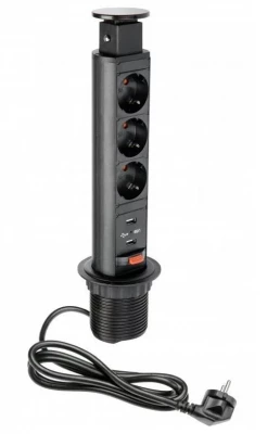 Indux Up & Down small verzinkbare randaarde zwarte stopcontact in werkblad met 3 stopcontacten en 2 x USB 1208957416