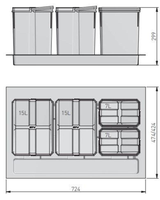 Garbi Basket B-80-4 sorteer afvalsysteem voor lade 80cm  incl. houder en 4 afvalbakken 1208957477