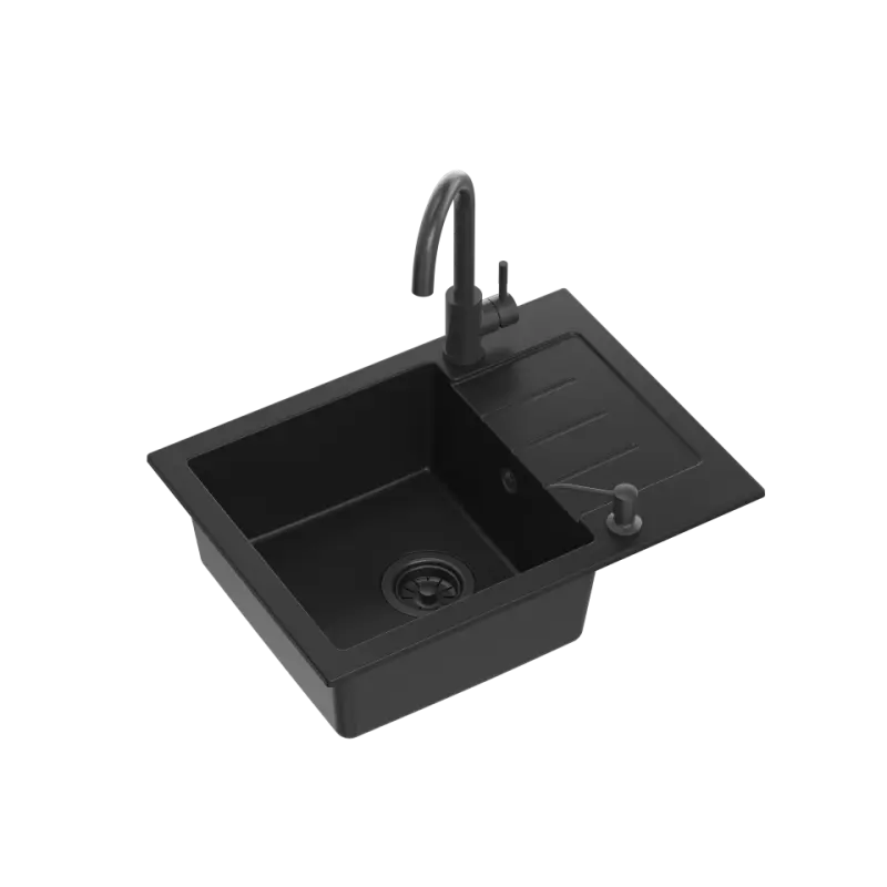 Quadri Kendal zwarte graniet spoelbak 60x44  met afdruipgedeelte, kraan en vloeistofdispenser 1208957889