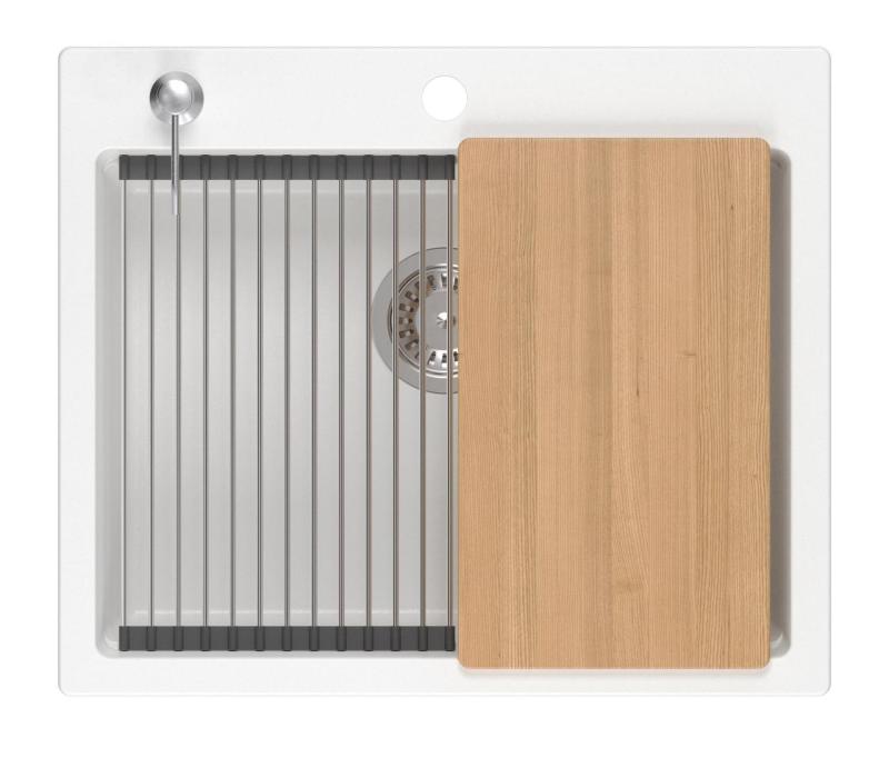 Quadri Durham wit graniet opbouw spoelbak 595x500 met zeepdispenser, snijplank, rolmat, inzetbak en rolmat 1208957903