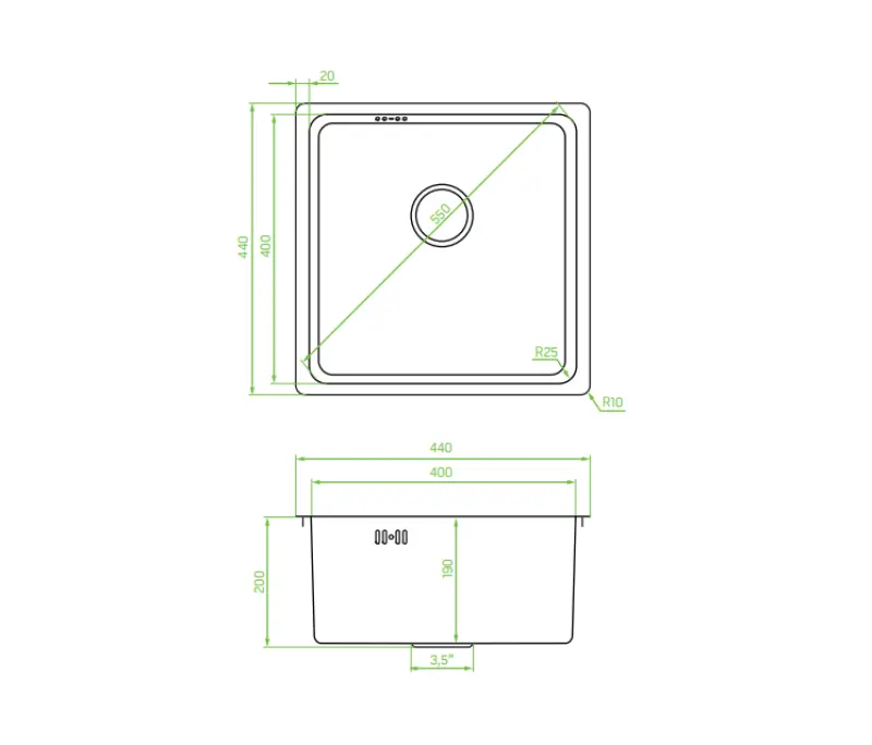 Aquadesign R25 steel opbouw, onderbouw en vlakinbouw spoelbak RVS 40x40cm 1208958206