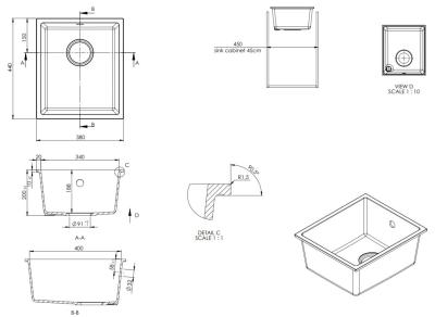 GraniteMy Universal granieten witte spoelbak 34x40 cm wit opbouw onderbouw en vlakinbouw met rvs plug 1208967107