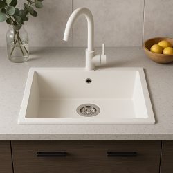 GraniteMy Universal granieten witte spoelbak 55x40 cm wit opbouw onderbouw en vlakinbouw met rvs plug 1208967109