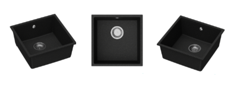 GraniteMy Universal granieten zwarte spoelbak 40x40 cm zwart opbouw onderbouw en vlakinbouw met zwarte plug 1208967112