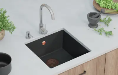 GraniteMy Universal granieten zwarte spoelbak 40x40 cm zwart opbouw onderbouw en vlakinbouw met koperen plug 1208967114