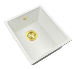 GraniteMy Universal granieten witte spoelbak 34x40 cm wit opbouw onderbouw en vlakinbouw met gouden plug 1208967149