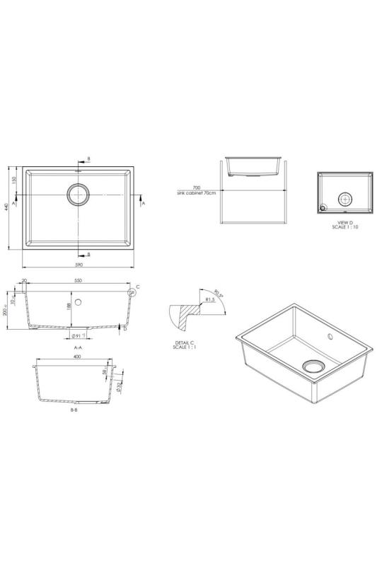 GraniteMy Universal granieten witte spoelbak 55x40 cm wit opbouw onderbouw en vlakinbouw met witte plug 1208967153