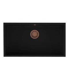 GraniteMy Universal granieten grote zwarte spoelbak 74x40 cm opbouw onderbouw en vlakinbouw met koperen plug 1208967158