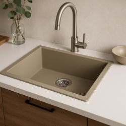GraniteMy Universal granieten taupe spoelbak 50x40 cm opbouw, onderbouw en vlakinbouw met rvs plug 1208967223