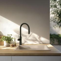 GraniteMy Universal granieten beige zand spoelbak 40x40 cm opbouw, onderbouw en vlakinbouw met zwart plug 1208967232
