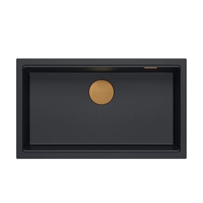 Quadri Newport II grote en diepe spoelbak graniet opbouw en onderbouw zwart spoelbak 76x45cm met koperen plug 1208967306