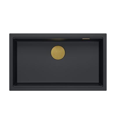 Quadri Newport II grote en diepe spoelbak graniet opbouw en onderbouw zwart spoelbak 76x45cm met gouden plug 1208967307