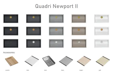 Quadri Newport II grote en diepe spoelbak graniet opbouw en onderbouw grijs spoelbak 76x45cm met gouden plug 1208967315