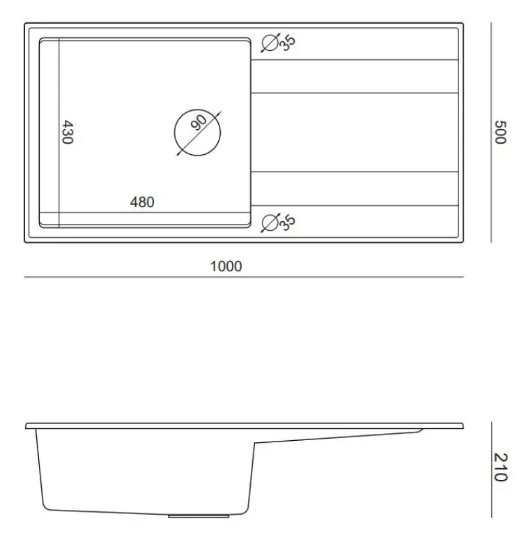 Quadri Luton zwarte granieten opbouw spoelbak met afdruipvlak omkeerbaar 100x50cm met koperen plug 1208967316