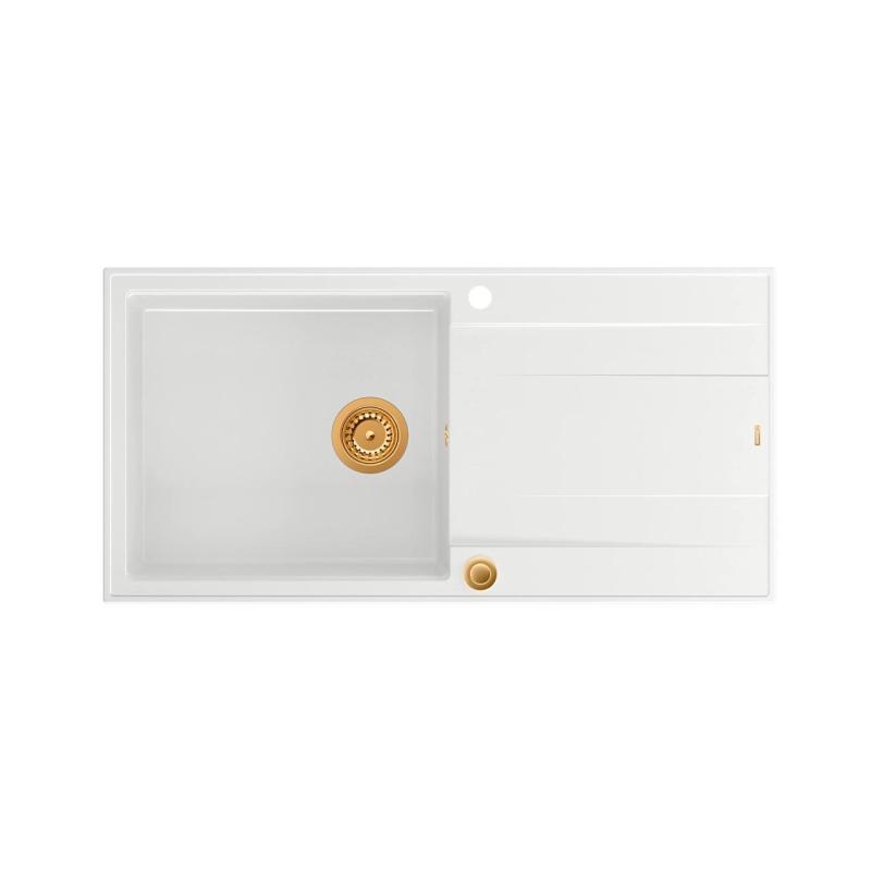 Quadri Luton witte granieten opbouw spoelbak met afdruipvlak omkeerbaar 100x50cm met koperen plug 1208967318