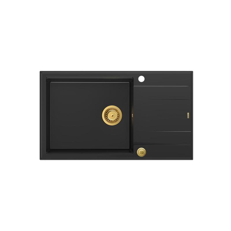 Quadri Luton zwarte granieten grote opbouw spoelbak met afdruipvlak omkeerbaar 86x50cm met gouden plug 1208967327