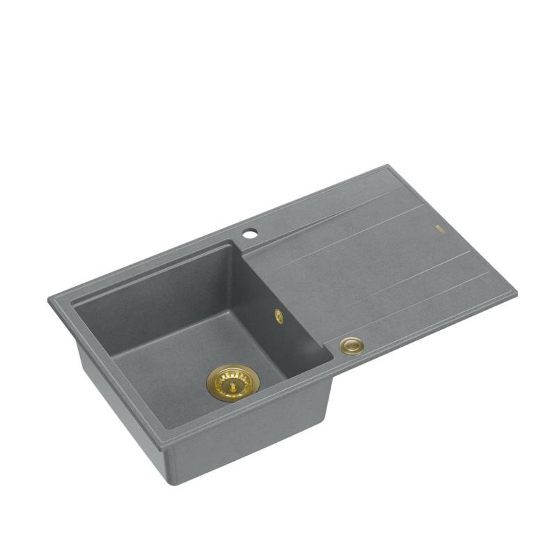 Quadri Luton grijs granieten opbouw spoelbak met afdruipvlak omkeerbaar 86x50cm met gouden plug 1208967341