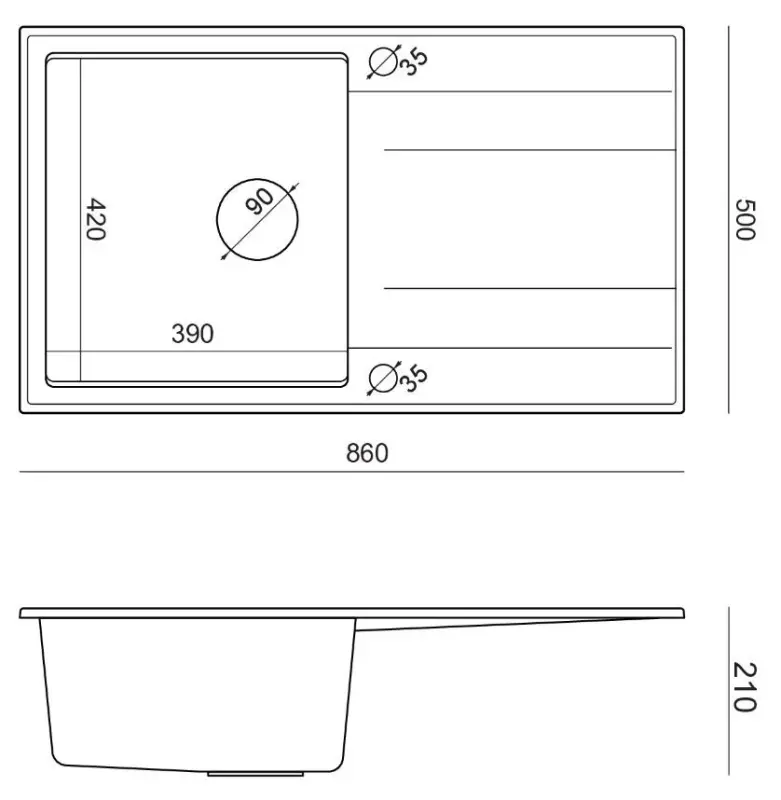 Quadri Luton antraciet granieten opbouw spoelbak met afdruipvlak omkeerbaar 86x50cm met koperen plug 1208967345