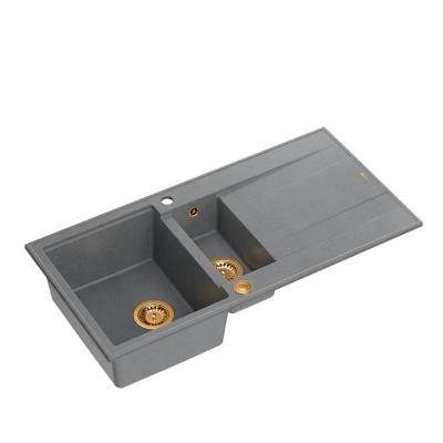 Quadri Luton grijs granieten opbouw 1,5 spoelbak met afdruipvlak omkeerbaar 100x50cm met koperen plug 1208967352