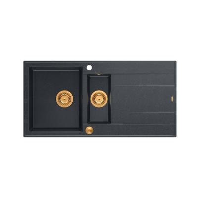 Quadri Luton antraciet granieten opbouw 1,5 spoelbak met afdruipvlak omkeerbaar 100x50cm met koperen plug 1208967355