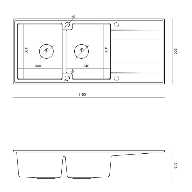 Quadri Luton opbouw dubbele graniet spoelbak wit met afdruipgedeelte 116x50 cm met gouden plug 1208967358