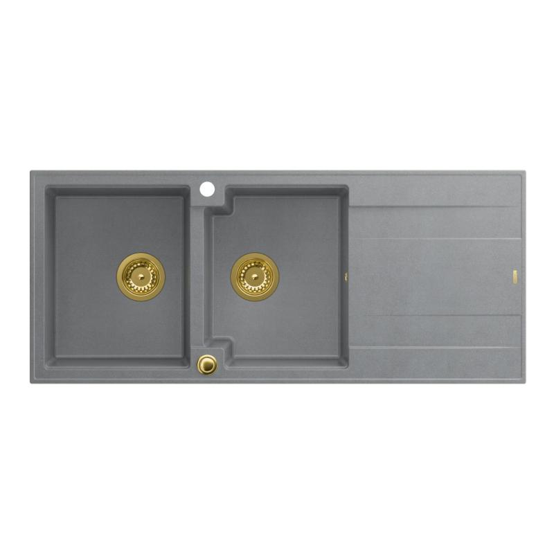 Quadri Luton opbouw dubbele graniet spoelbak grijs met afdruipgedeelte 116x50 cm met gouden plug 1208967361