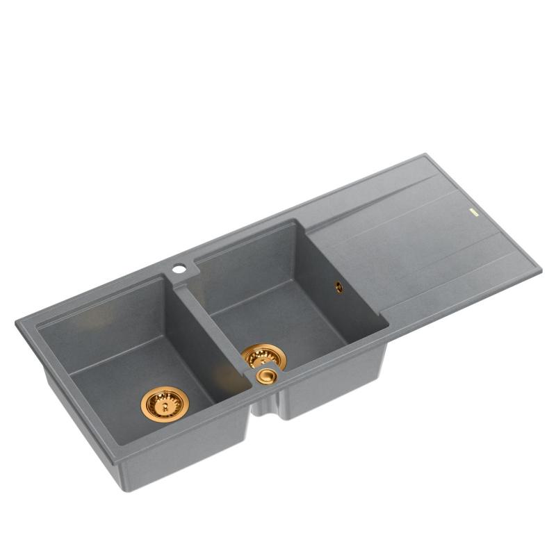 Quadri Luton opbouw dubbele graniet spoelbak grijs met afdruipgedeelte 116x50 cm met koperen plug 1208967362