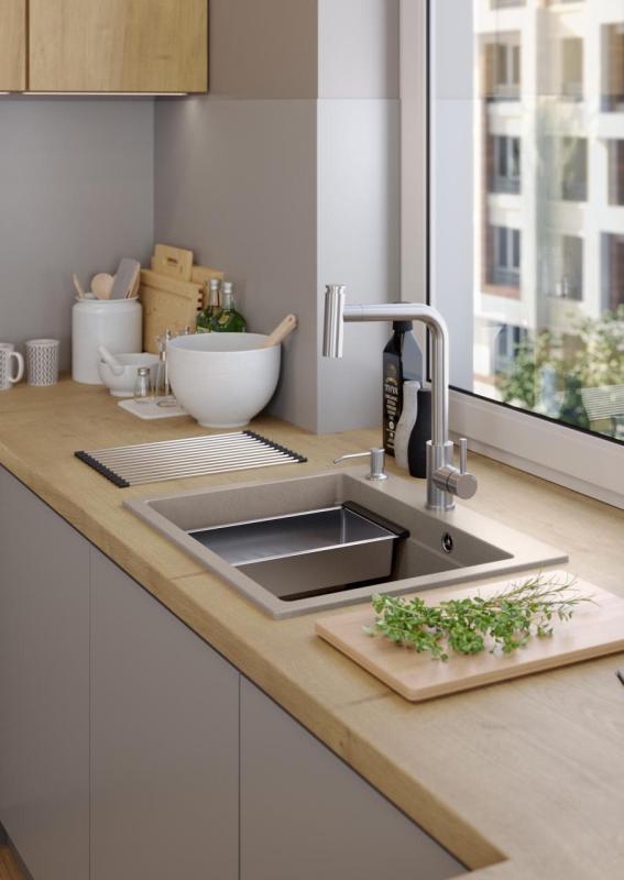 Quadri Durham taupe graniet opbouw spoelbak 595x500 met zeepdispenser, snijplank, inzetbak en rolmat 1208967376