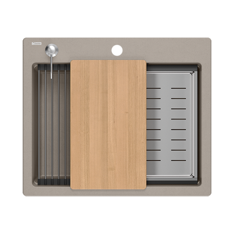 Quadri Durham taupe graniet opbouw spoelbak 595x500 met zeepdispenser, snijplank, inzetbak en rolmat 1208967376