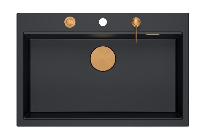 Quadri Hard Rock mat zwarte granieten opbouw grote spoelbak 76x50cm inclusief koperen plug en accessoire 1208967423