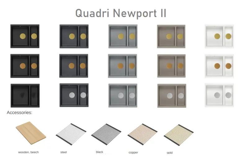 Quadri Newport II zwart 1,5 spoelbak graniet opbouw en onderbouw spoelbak 555x460mm met gouden plug 1208967464