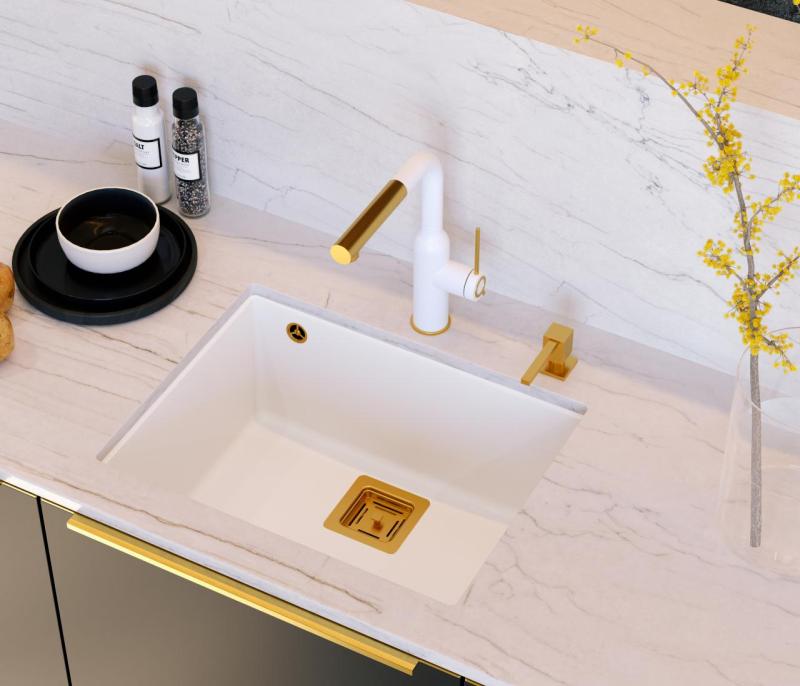 Quadri Quadrangle wit graniet onderbouw spoelbak 55x42cm met koperen plug 1208967478