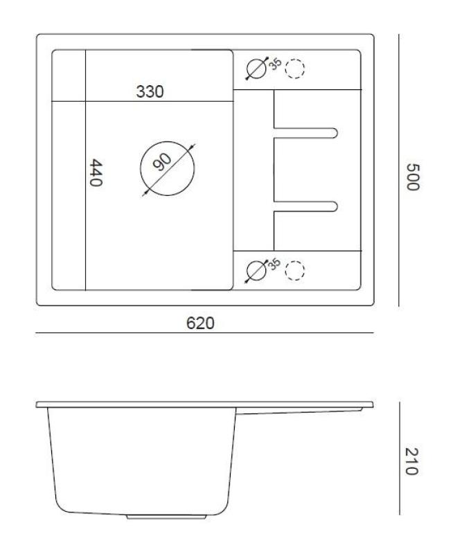Quadri Dalton antraciet granieten opbouw spoelbak met afdruipvlak 62x50cm met rvs plug 1208967570